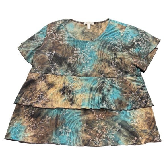 Dress Barn Women's Tops Blue‎ Brown Floral Print SIZE 14/16 |F1 - Picture 1 of 5